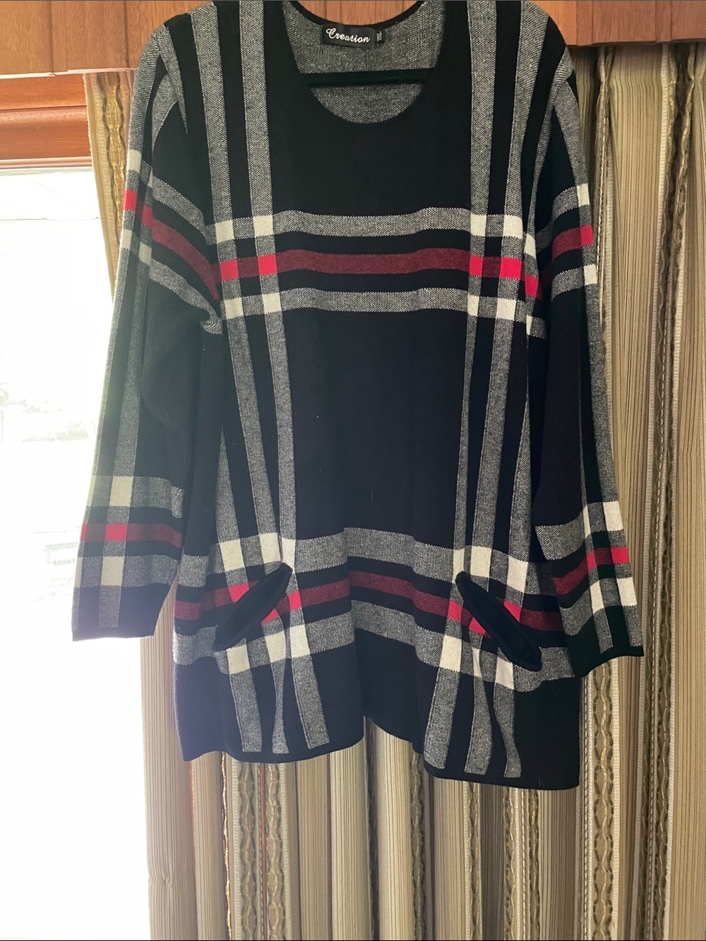 Evolution and Creation Black Plaid Crewneck Sweater with Gray and Red Stripes